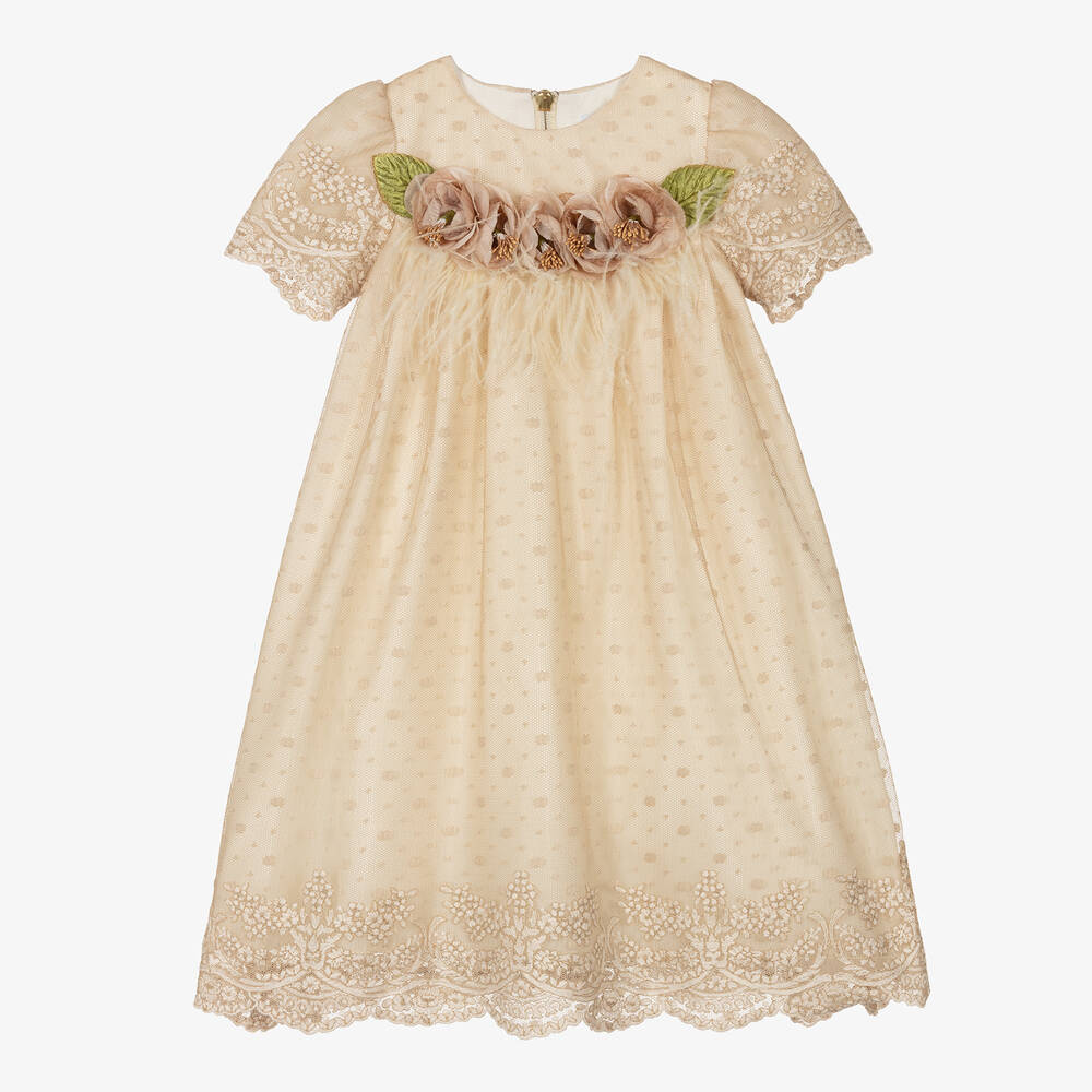 Graci - Girls Beige Embroidered Lace Dress | Childrensalon