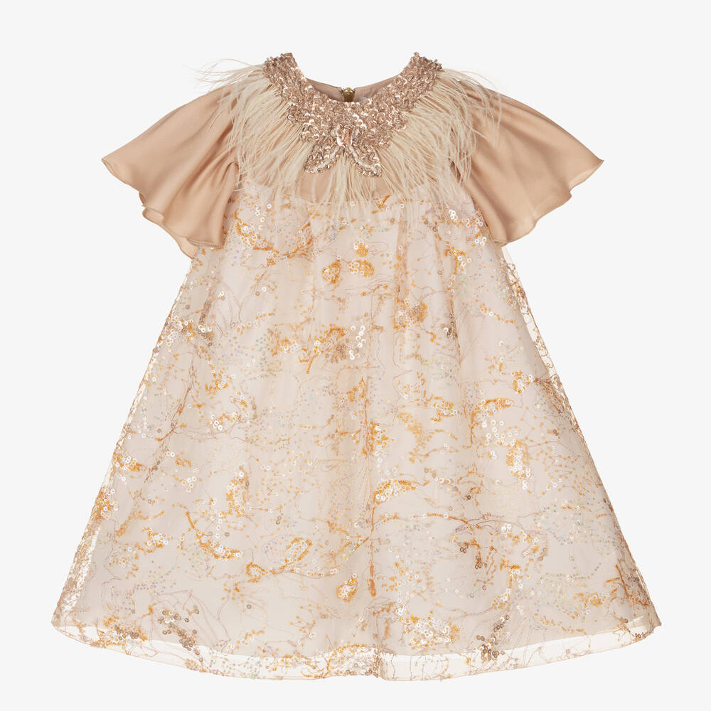 Graci - Girls Beige & Gold Sequined Dress | Childrensalon
