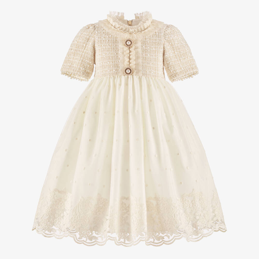 Graci-Кремовое твидовое платье с кружевом для девочек | Childrensalon Outlet