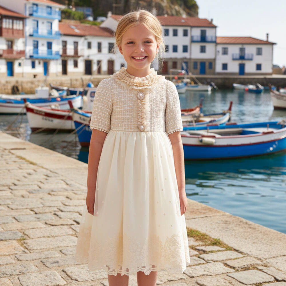 Graci-Кремовое твидовое платье с кружевом для девочек | Childrensalon Outlet