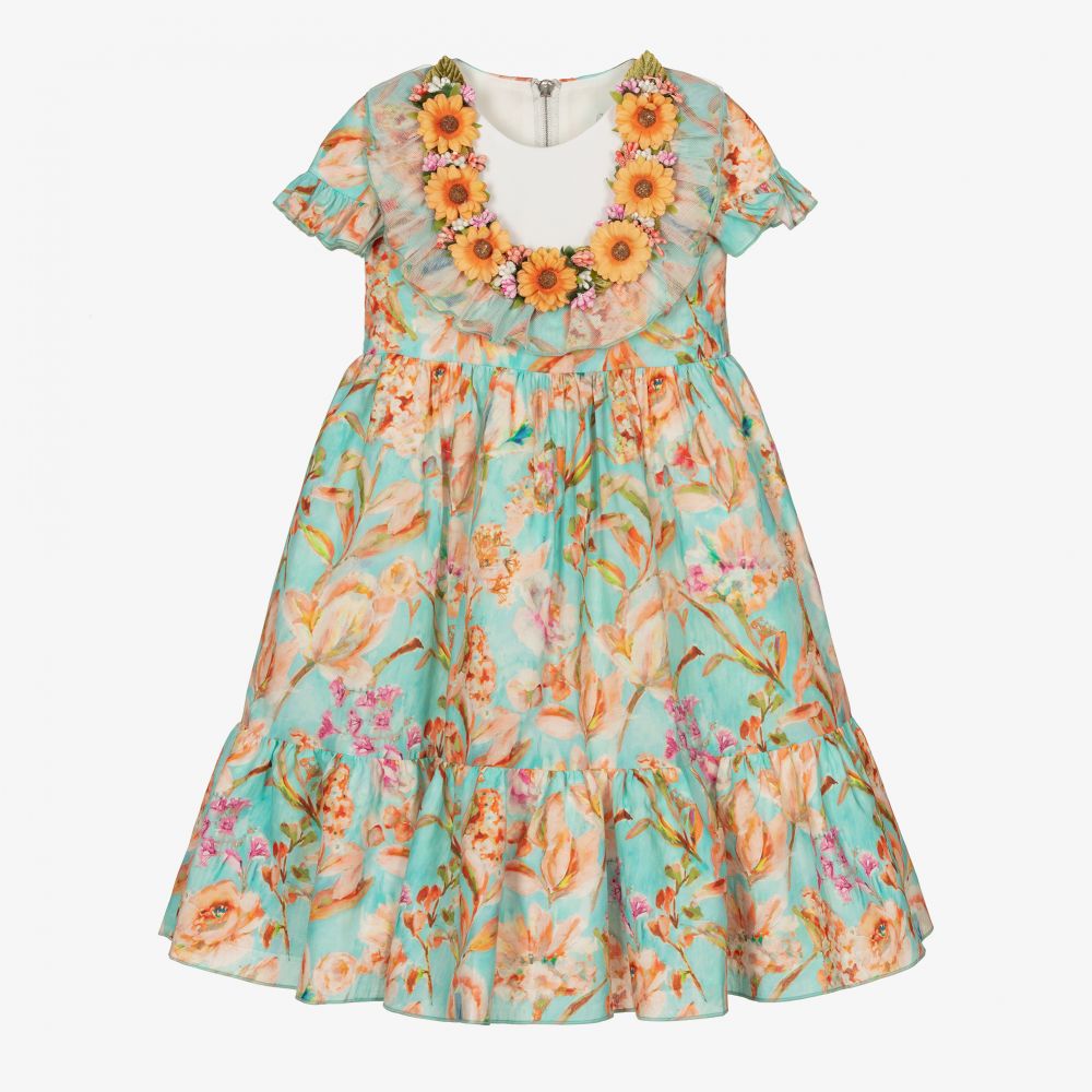 Graci - Голубое платье с цветами для девочек  | Childrensalon