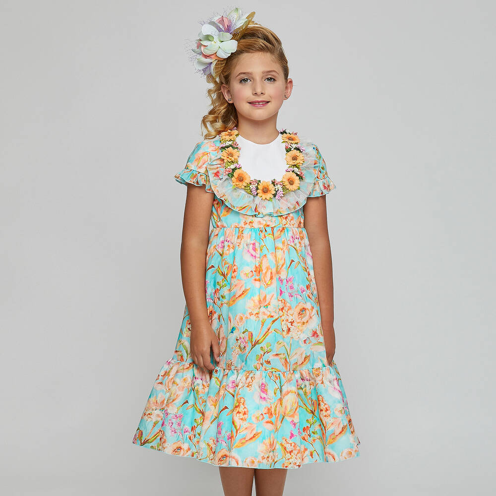 Graci-Голубое платье с цветами для девочек | Childrensalon Outlet
