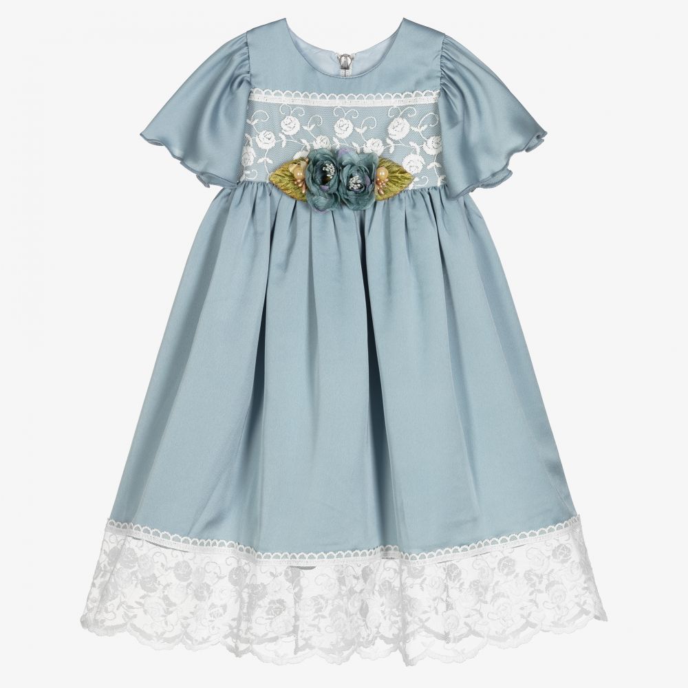 Graci - Голубое атласное платье с кружевом для девочек | Childrensalon
