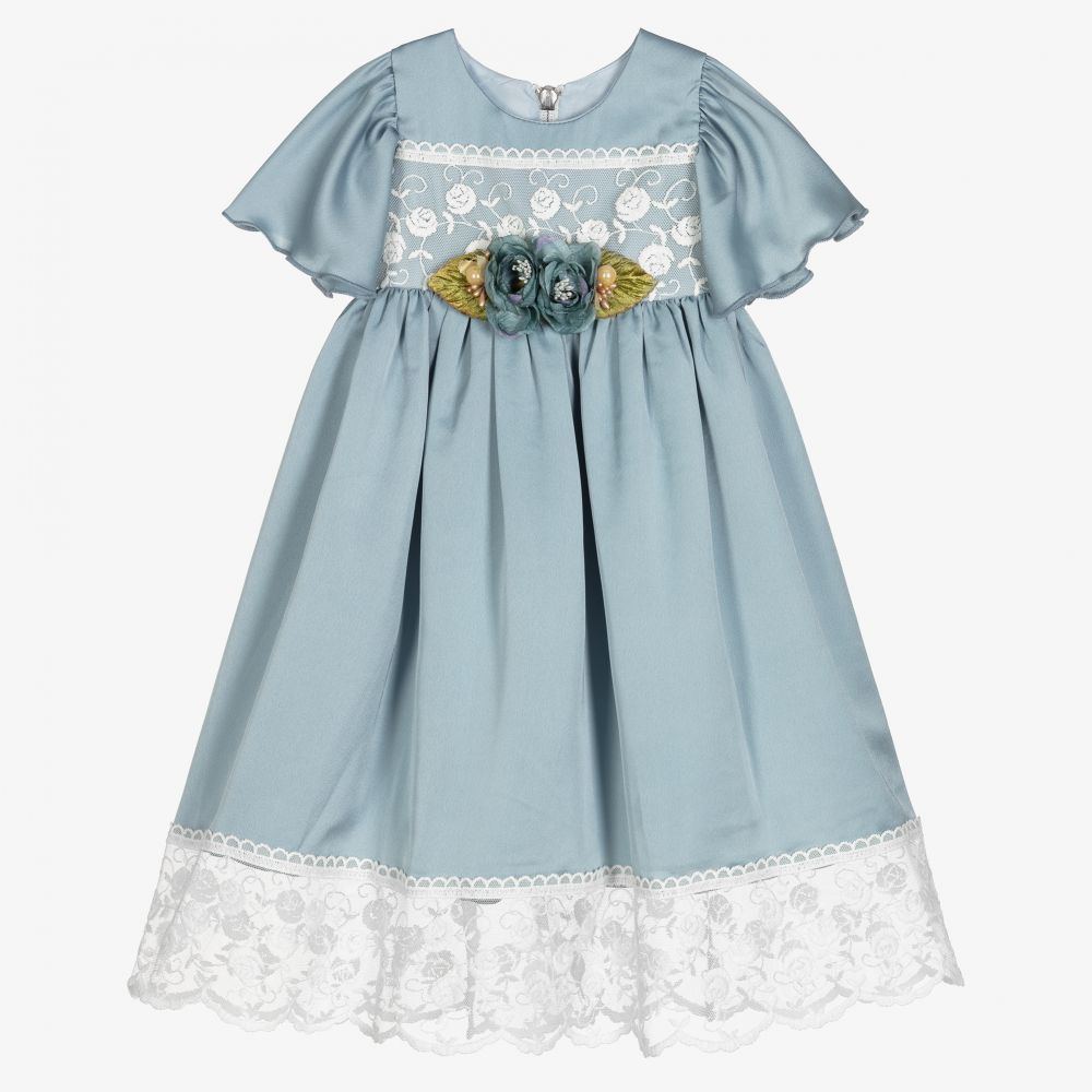 Graci - Robe bleue en satin et dentelle Fille | Childrensalon