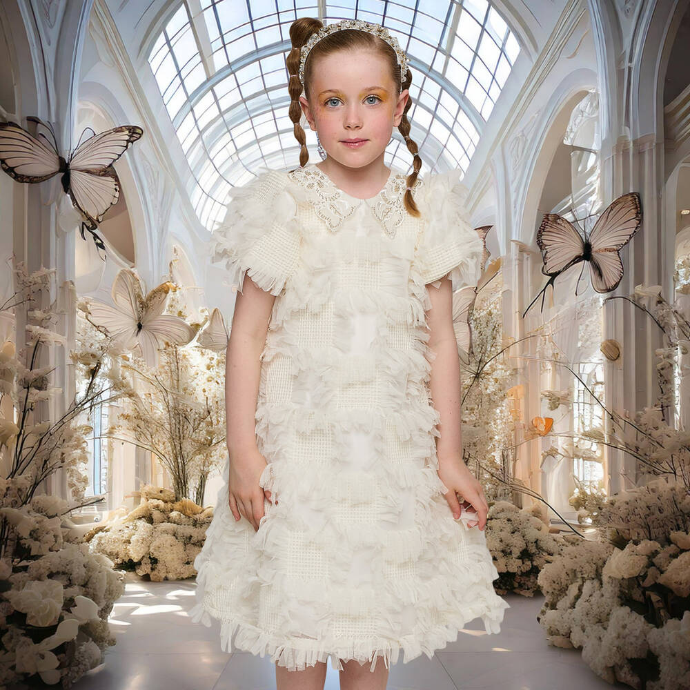 Graci-Элегантное кремовое платье из тюля для девочек | Childrensalon Outlet