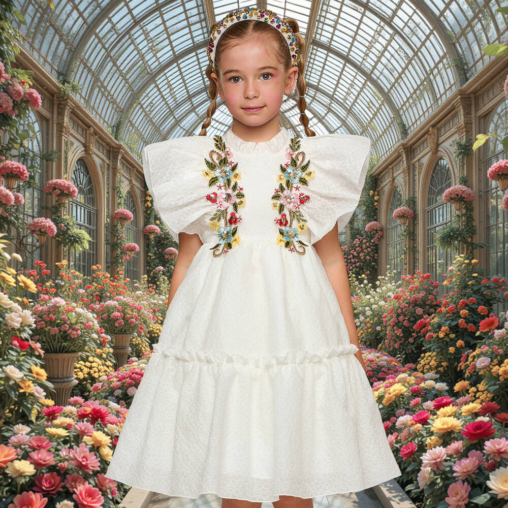 Graci-Girls Elegant White Floral Frock | Childrensalon Outlet