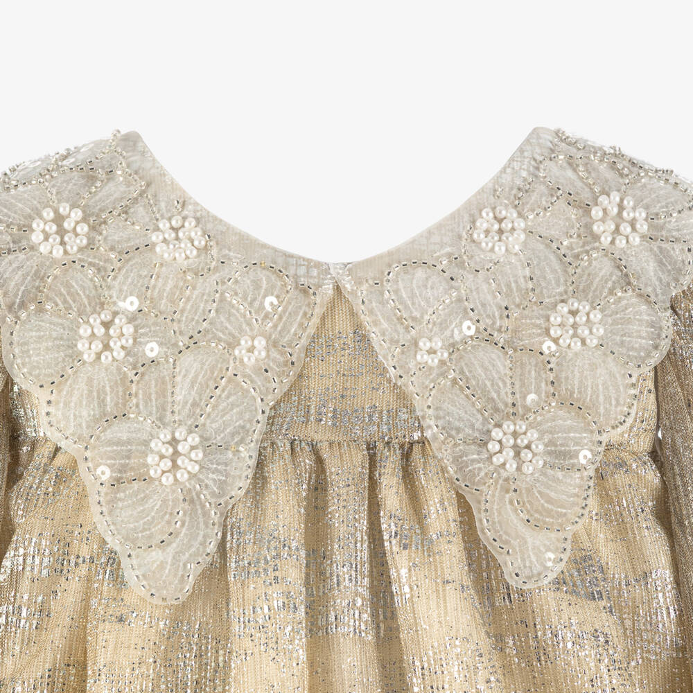 Graci-Girls Glittery Gold & Silver Dress with Beaded Collar | Childrensalon Outlet