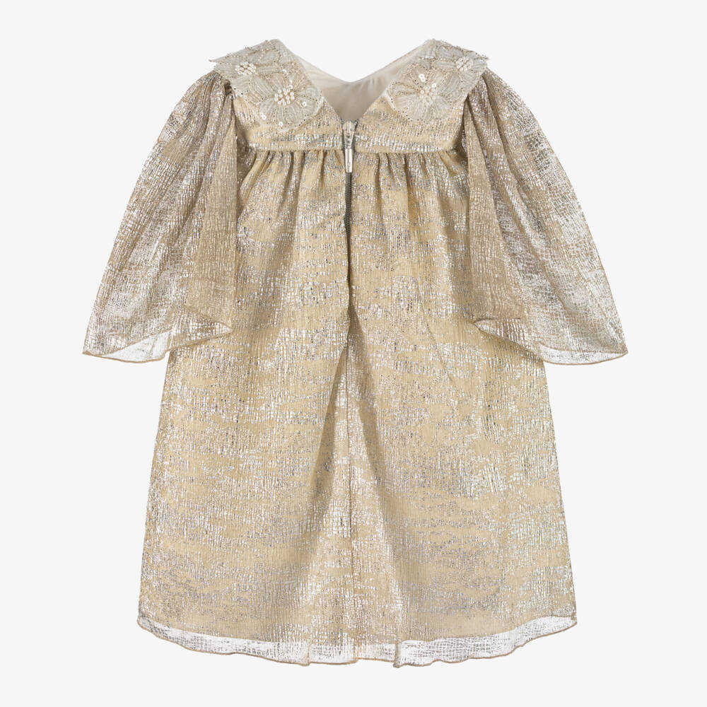 Graci-Girls Glittery Gold & Silver Dress with Beaded Collar | Childrensalon Outlet
