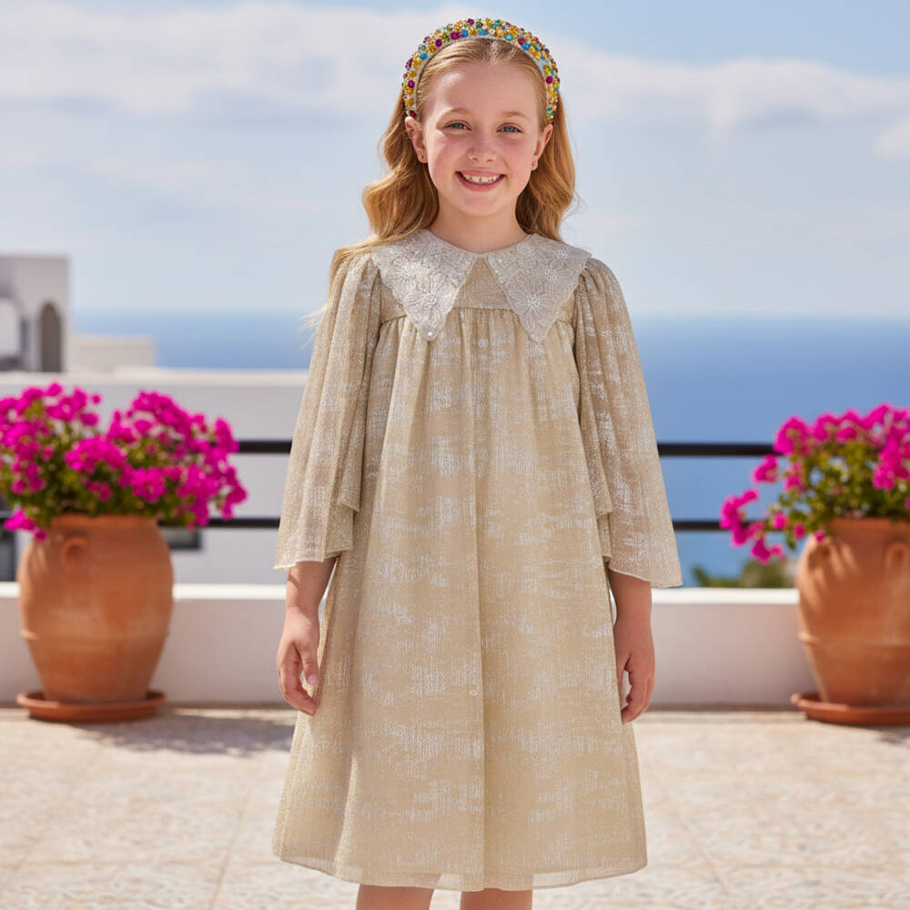Graci-Girls Glittery Gold & Silver Dress with Beaded Collar | Childrensalon Outlet
