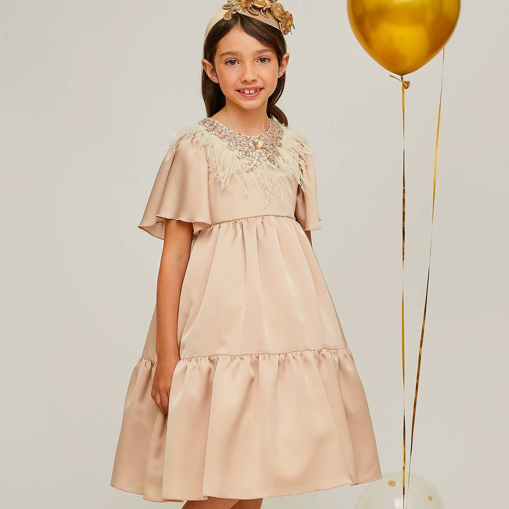Graci-Розовое атласное платье с перьями | Childrensalon Outlet