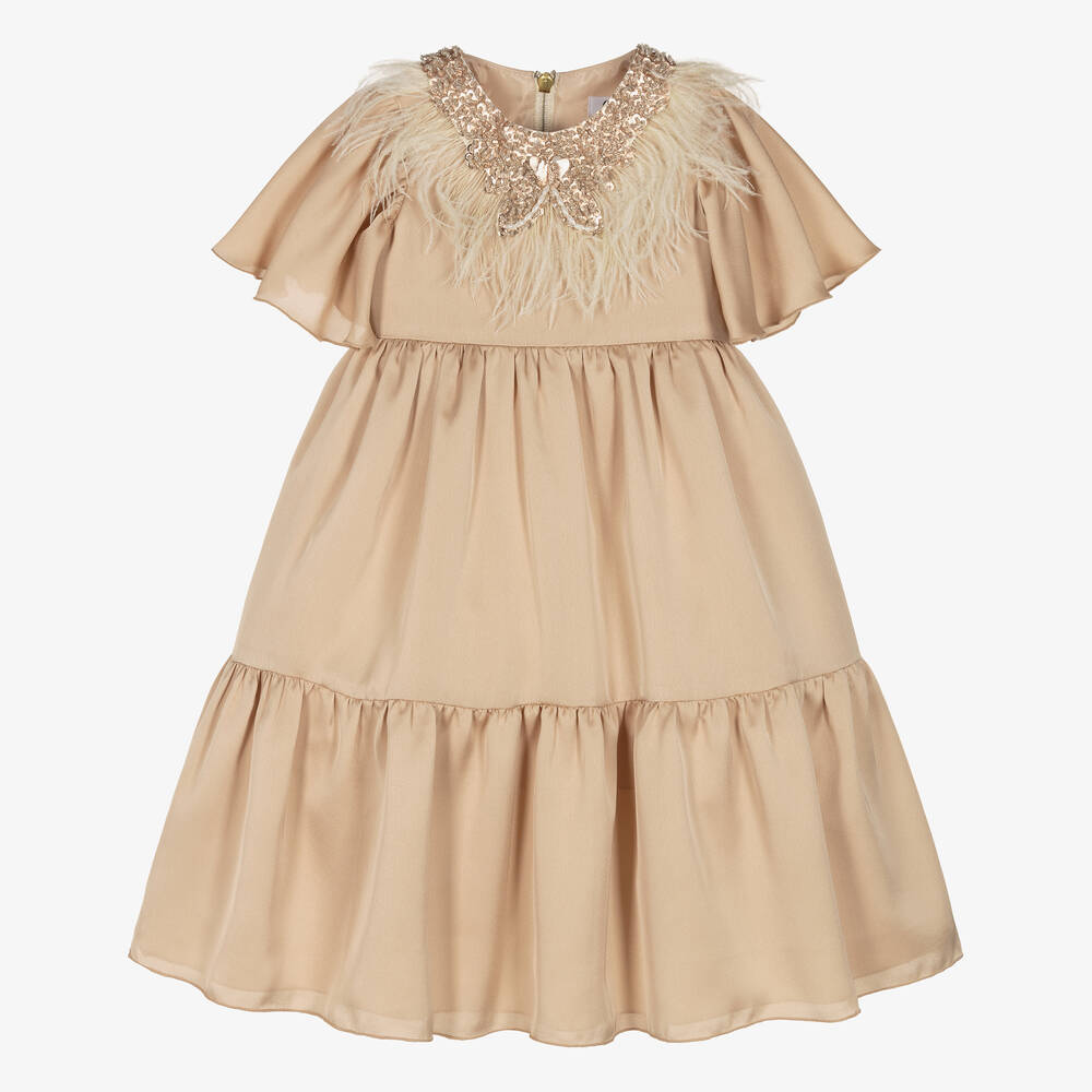 Graci - Girls Gold Feather Satin Dress | Childrensalon