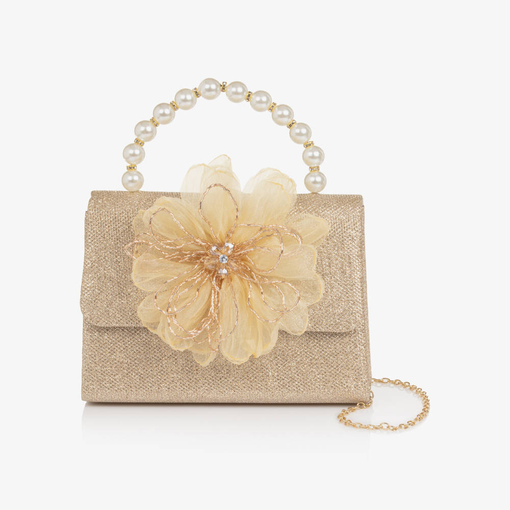 Graci-Girls Gold Glitter Bag with Tulle Flower (20cm) | Childrensalon Outlet