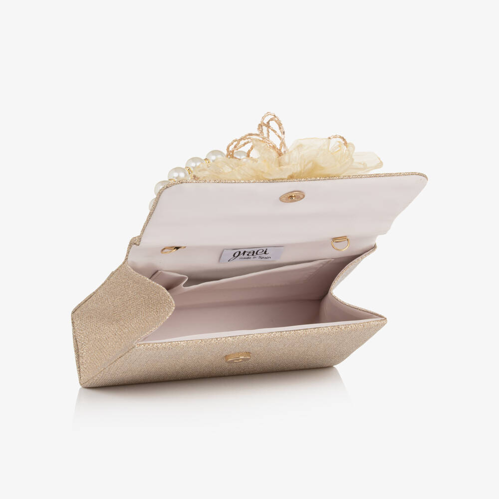 Graci-Girls Gold Glitter Bag with Tulle Flower (20cm) | Childrensalon Outlet