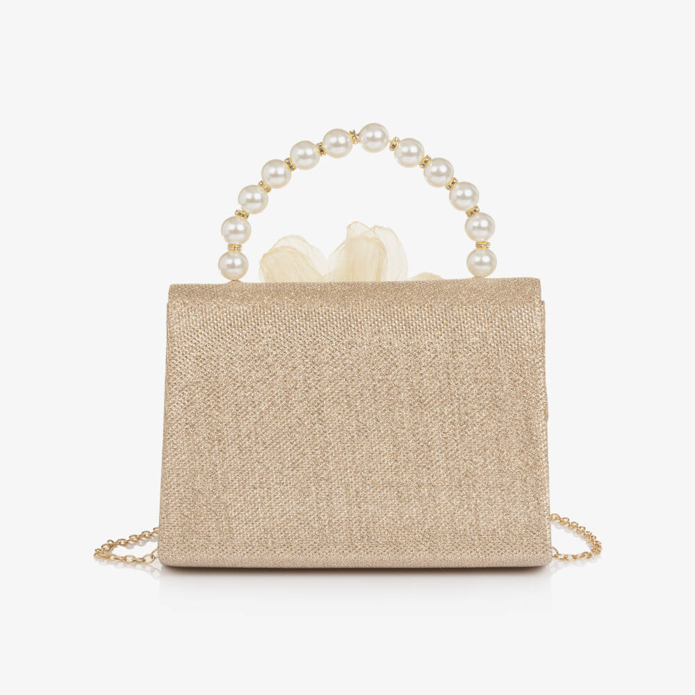 Graci-Girls Gold Glitter Bag with Tulle Flower (20cm) | Childrensalon Outlet