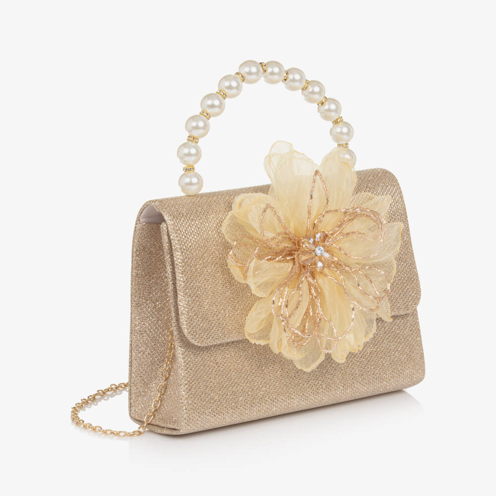 Graci-Girls Gold Glitter Bag with Tulle Flower (20cm) | Childrensalon Outlet