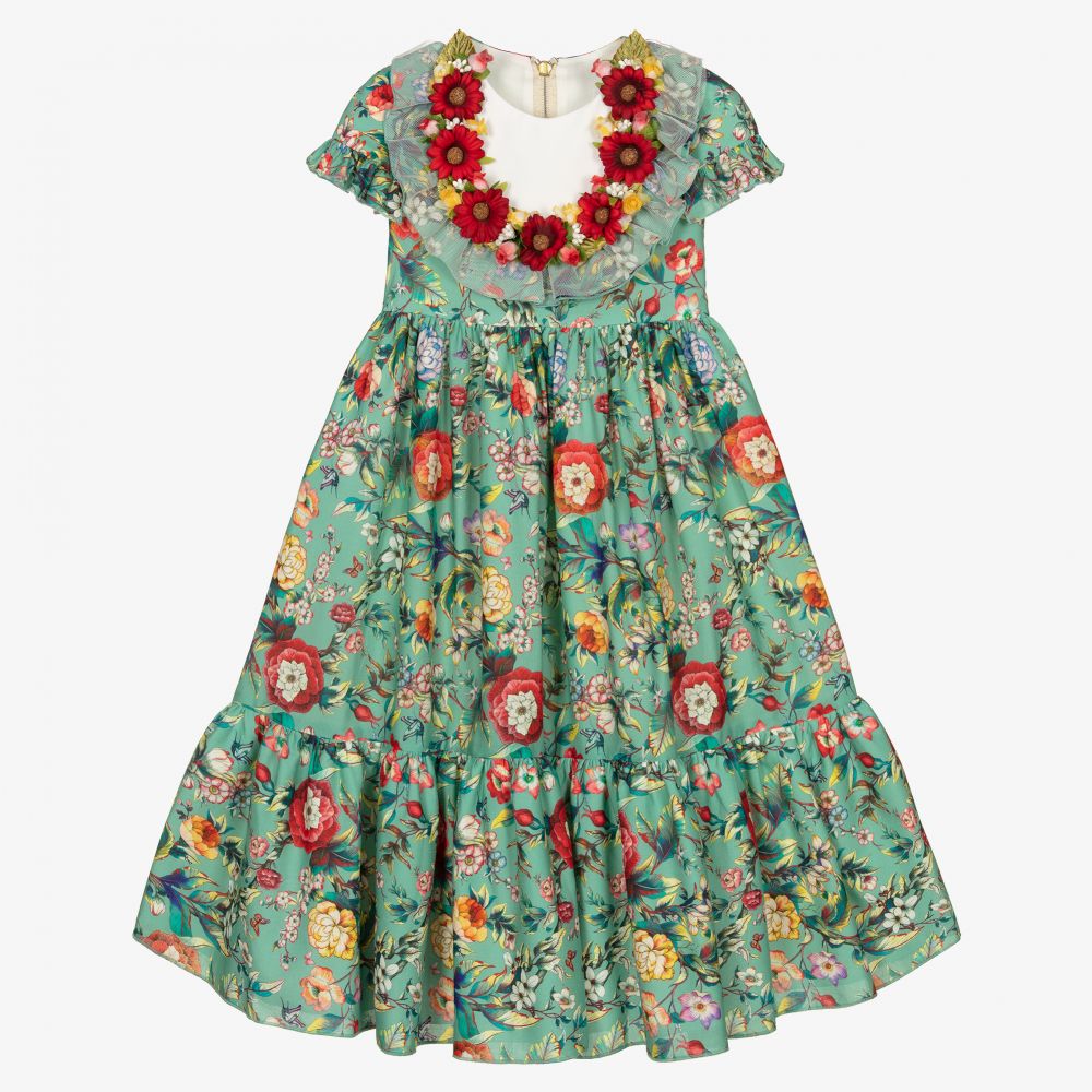 Graci - Зеленое платье с цветами для девочек  | Childrensalon