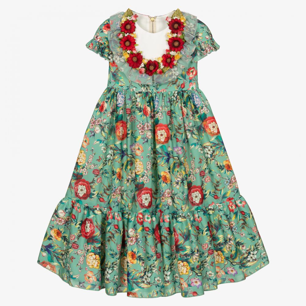 Graci - Robe verte à fleurs Fille  | Childrensalon