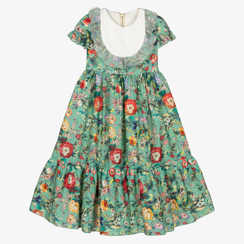Graci-Girls Green Floral Dress  | Childrensalon Outlet