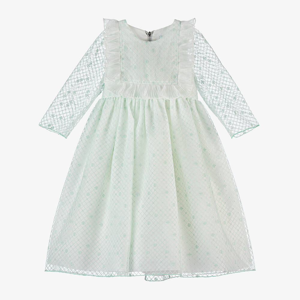 Graci-فستان تول مطرز لون أخضر فاتح وأبيض | Childrensalon Outlet