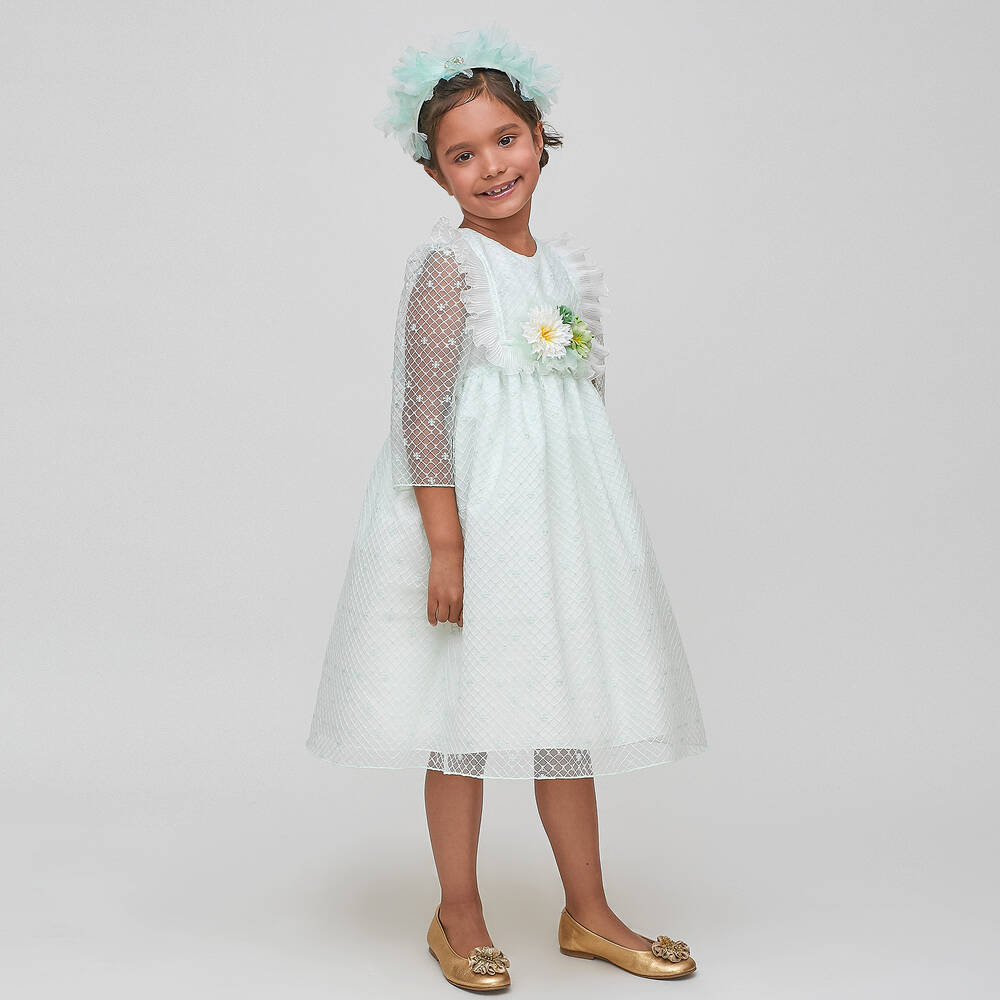 Graci-فستان تول مطرز لون أخضر فاتح وأبيض | Childrensalon Outlet