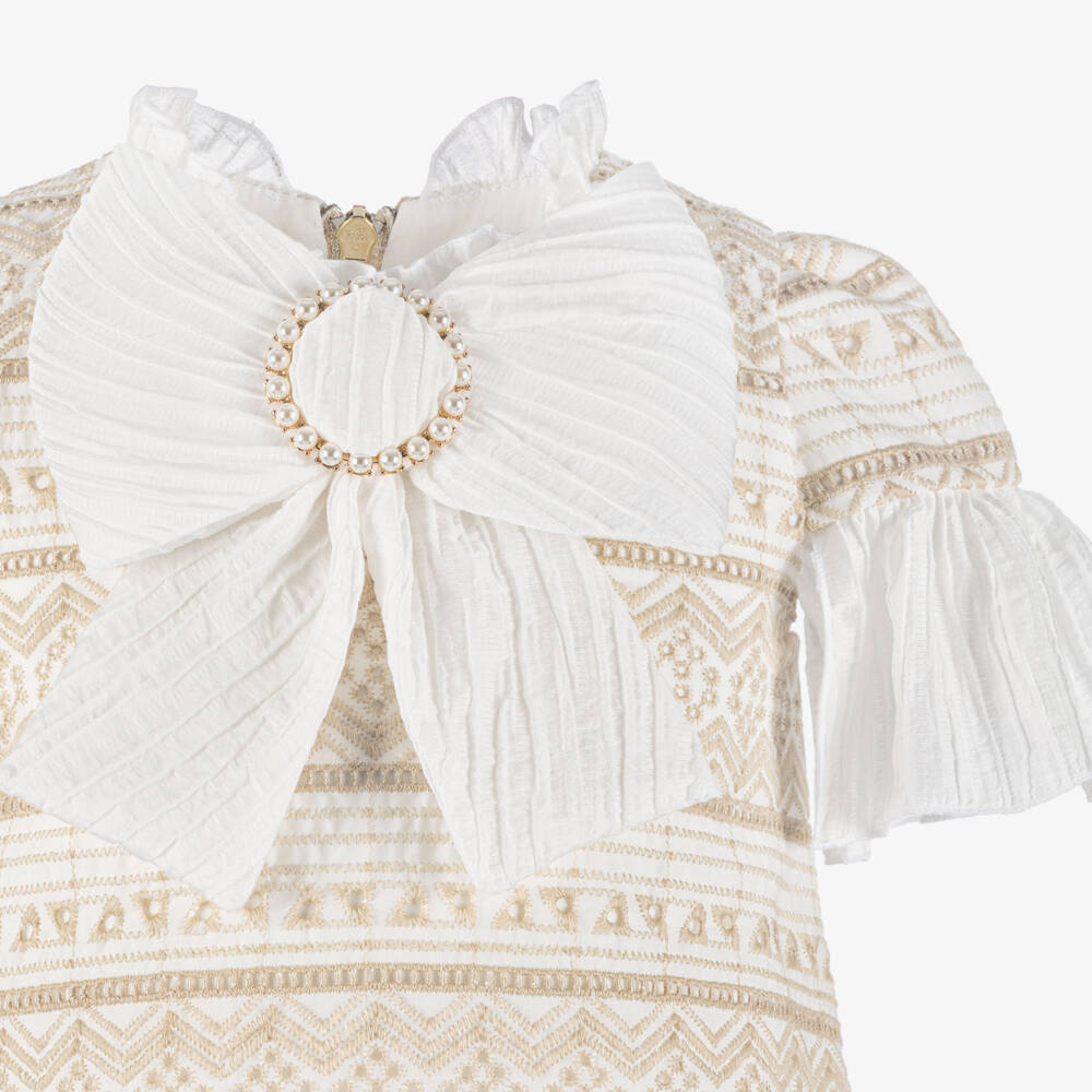 Graci-Girls Ivory & Beige Embroidered Dress with Bow Brooch | Childrensalon Outlet