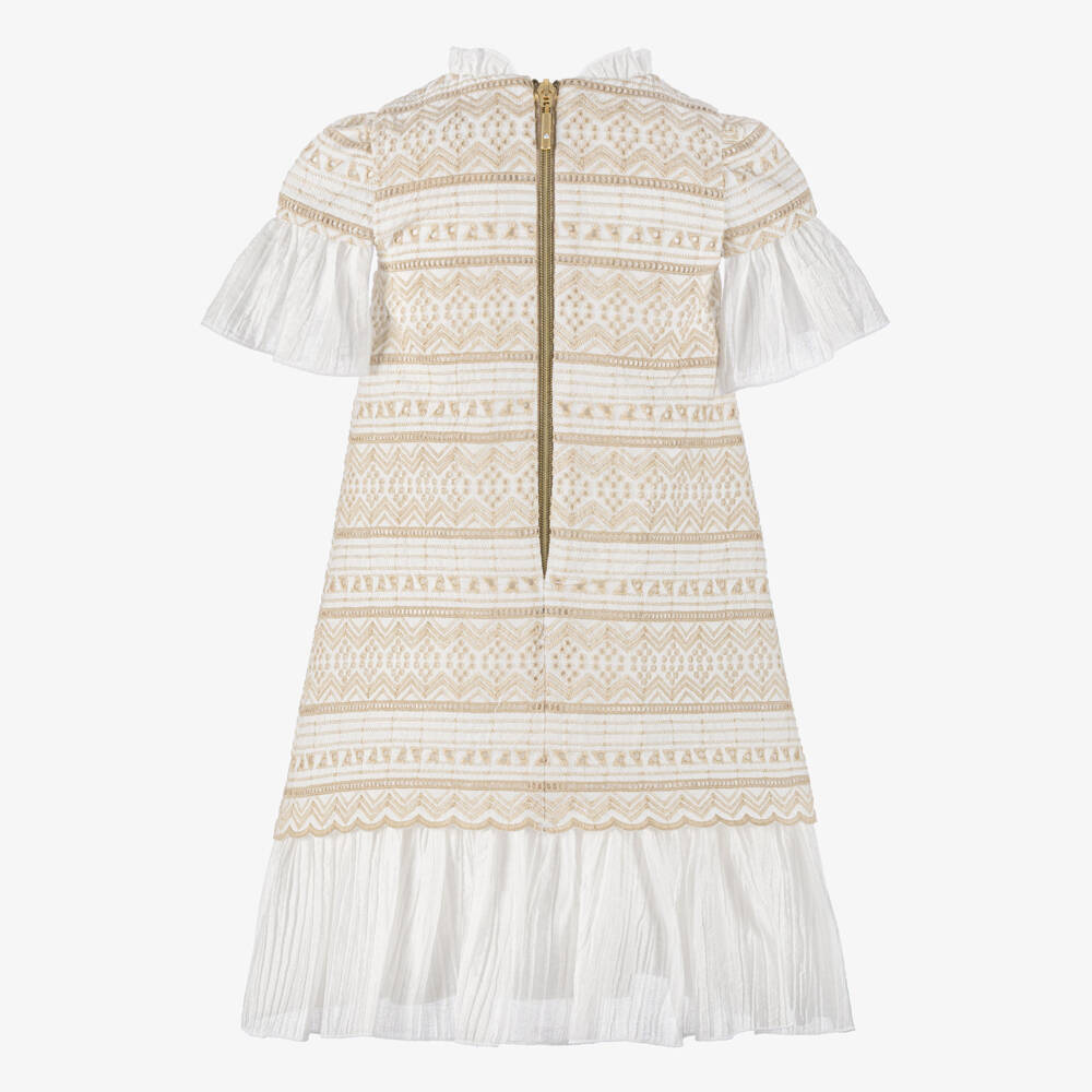 Graci-Girls Ivory & Beige Embroidered Dress with Bow Brooch | Childrensalon Outlet