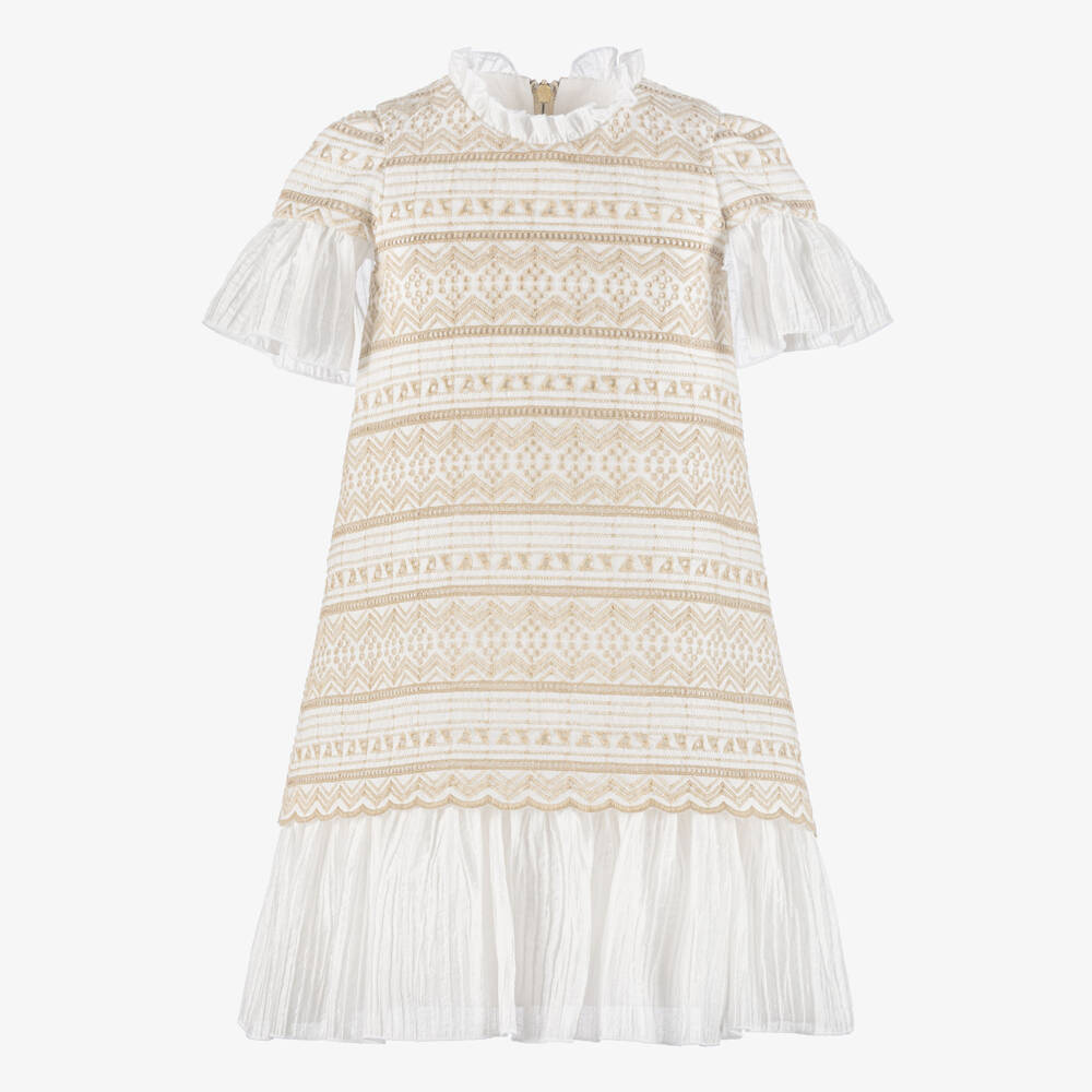 Graci-Girls Ivory & Beige Embroidered Dress with Bow Brooch | Childrensalon Outlet