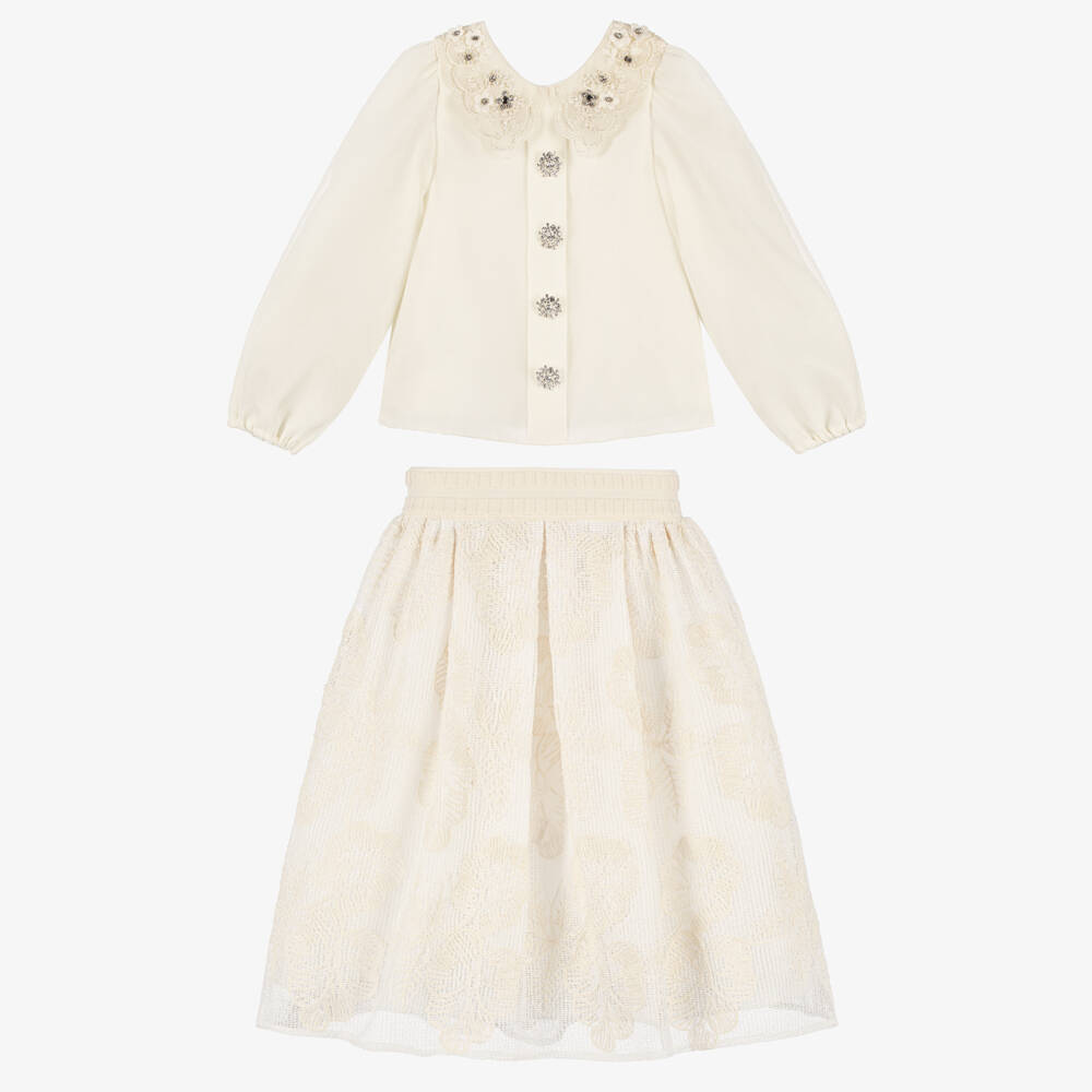 Graci-Girls Ivory Floral Embroidered Knit Skirt Set | Childrensalon Outlet