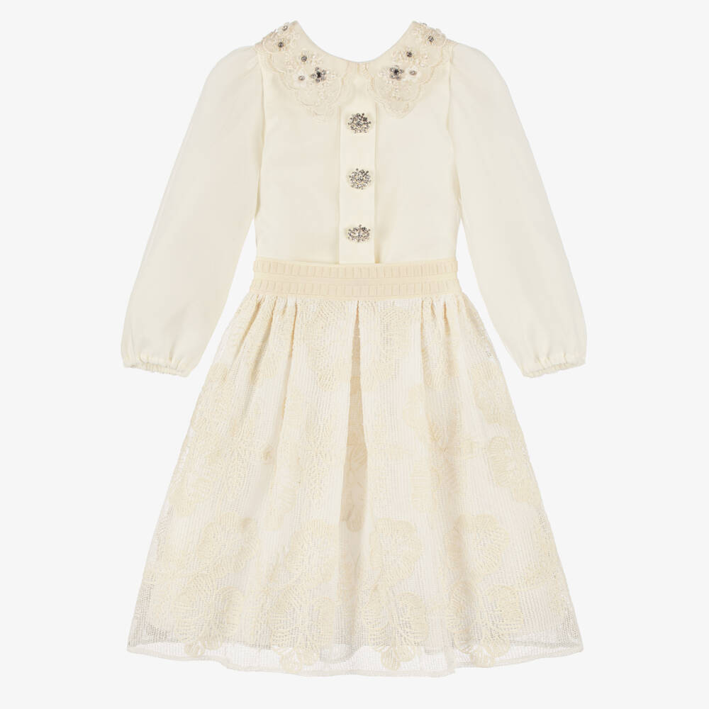 Graci-Girls Ivory Floral Embroidered Knit Skirt Set | Childrensalon Outlet
