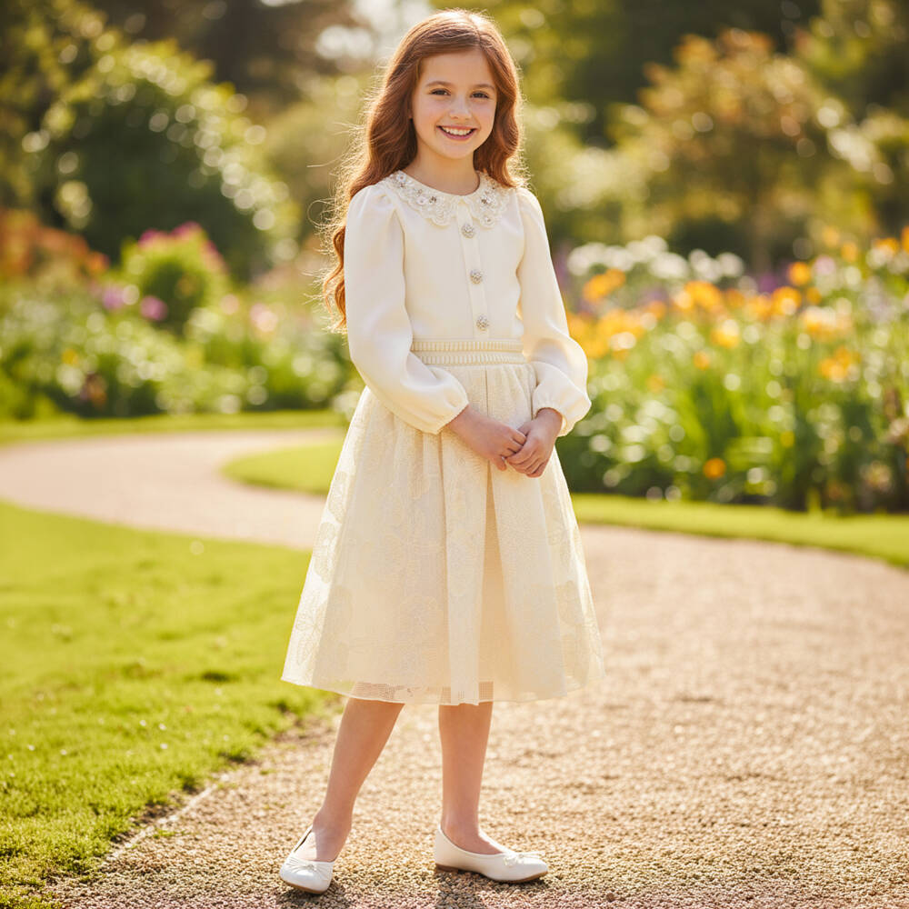 Graci-Girls Ivory Floral Embroidered Knit Skirt Set | Childrensalon Outlet