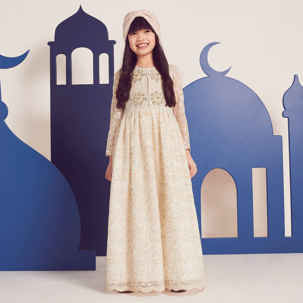 Graci-Длинное кремовое платье в цветочек для девочек | Childrensalon Outlet