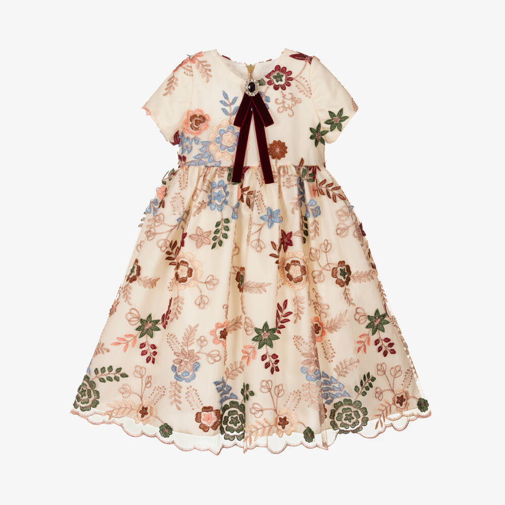 Graci-Кремовое платье из тюля с цветочным узором для девочек | Childrensalon Outlet
