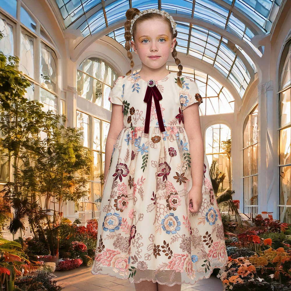 Graci-Кремовое платье из тюля с цветочным узором для девочек | Childrensalon Outlet