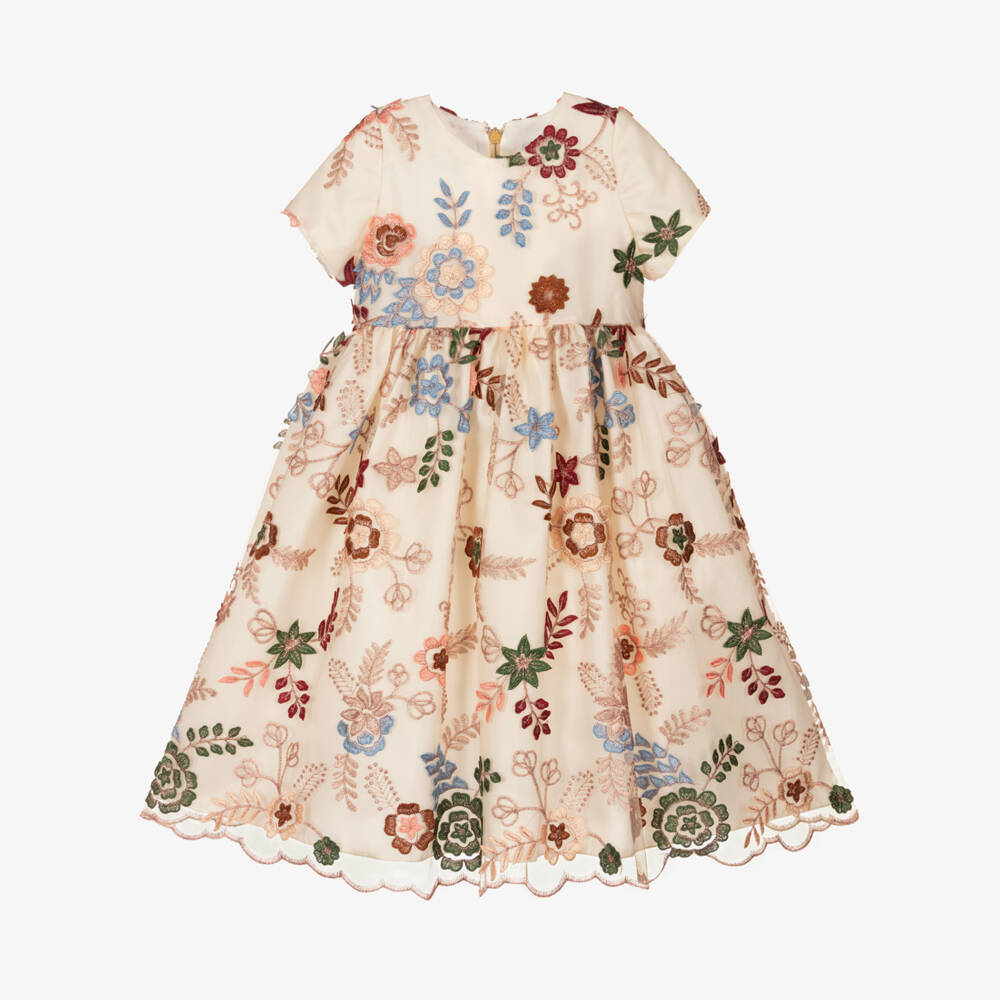 Graci-Кремовое платье из тюля с цветочным узором для девочек | Childrensalon Outlet