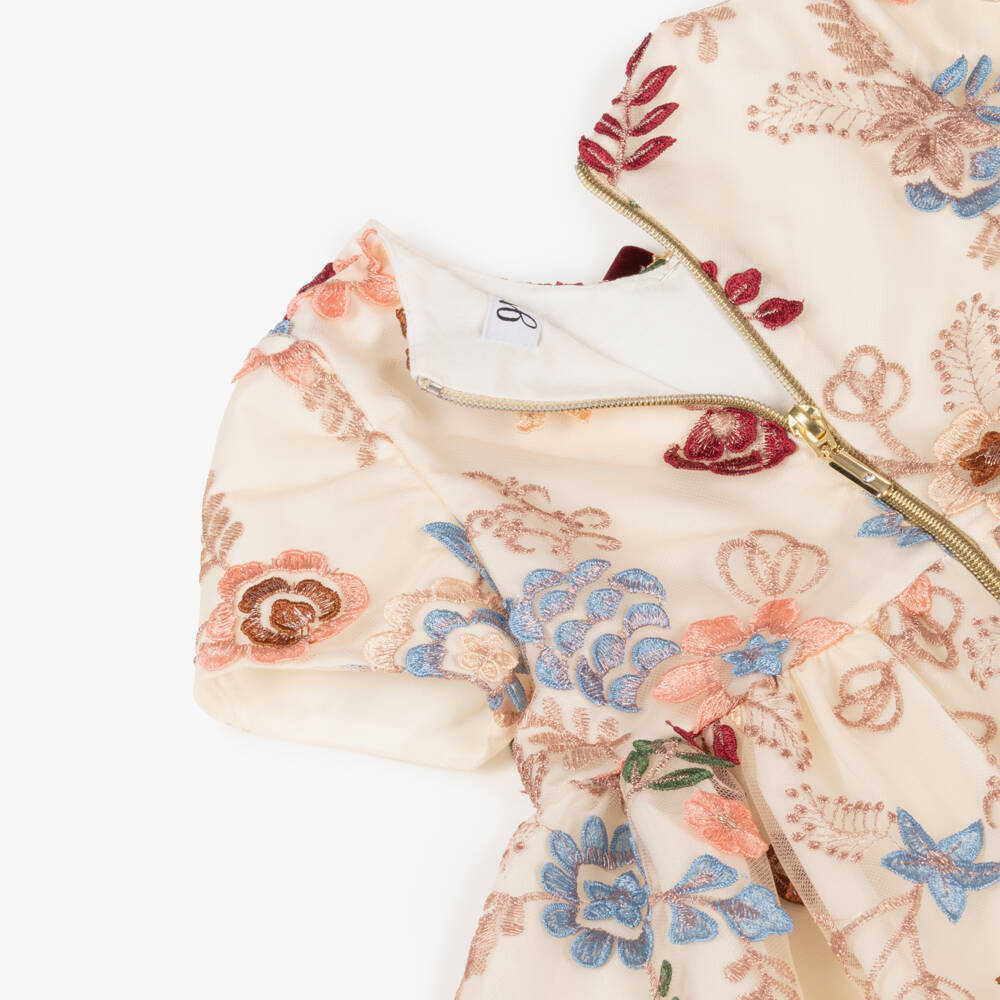 Graci-Кремовое платье из тюля с цветочным узором для девочек | Childrensalon Outlet