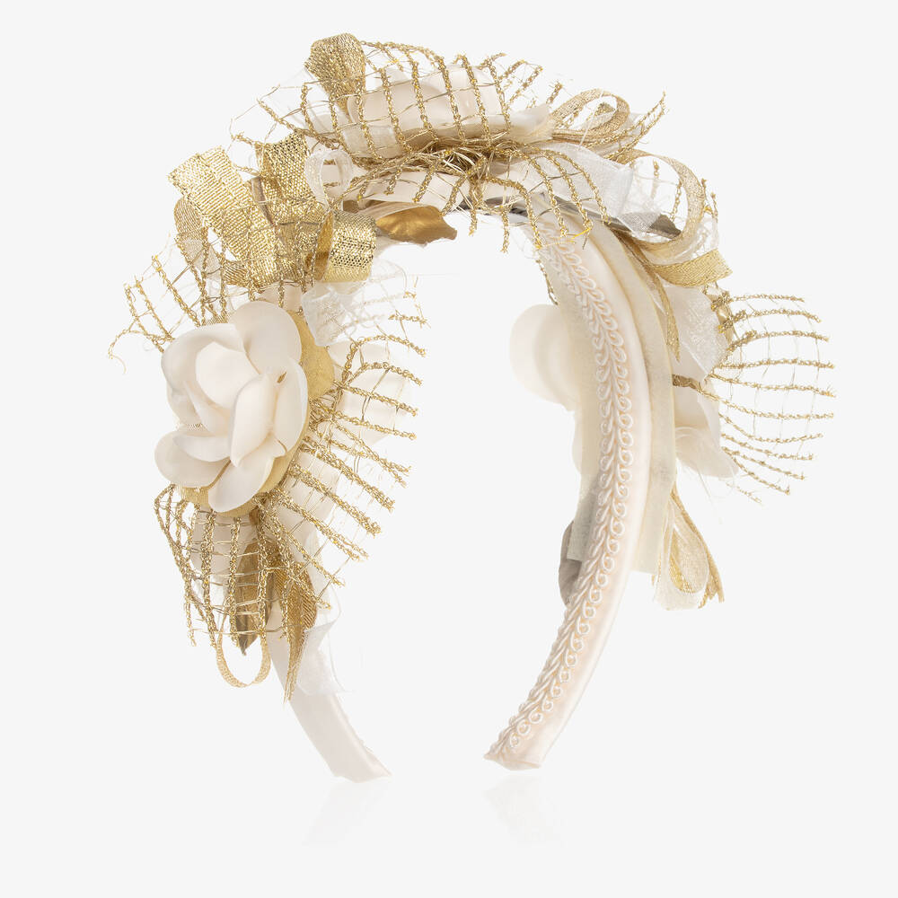 Graci - Girls Ivory & Gold Floral Hairband | Childrensalon