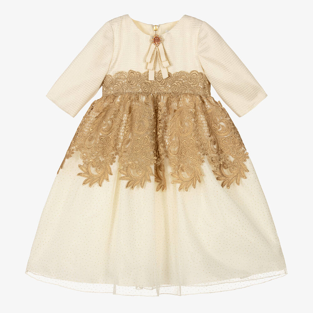 Graci - Girls Ivory & Gold Lace Dress | Childrensalon