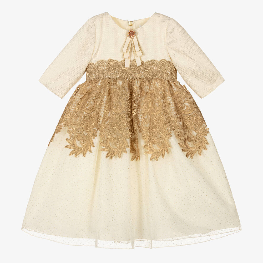 Graci-Girls Ivory & Gold Lace Dress | Childrensalon Outlet