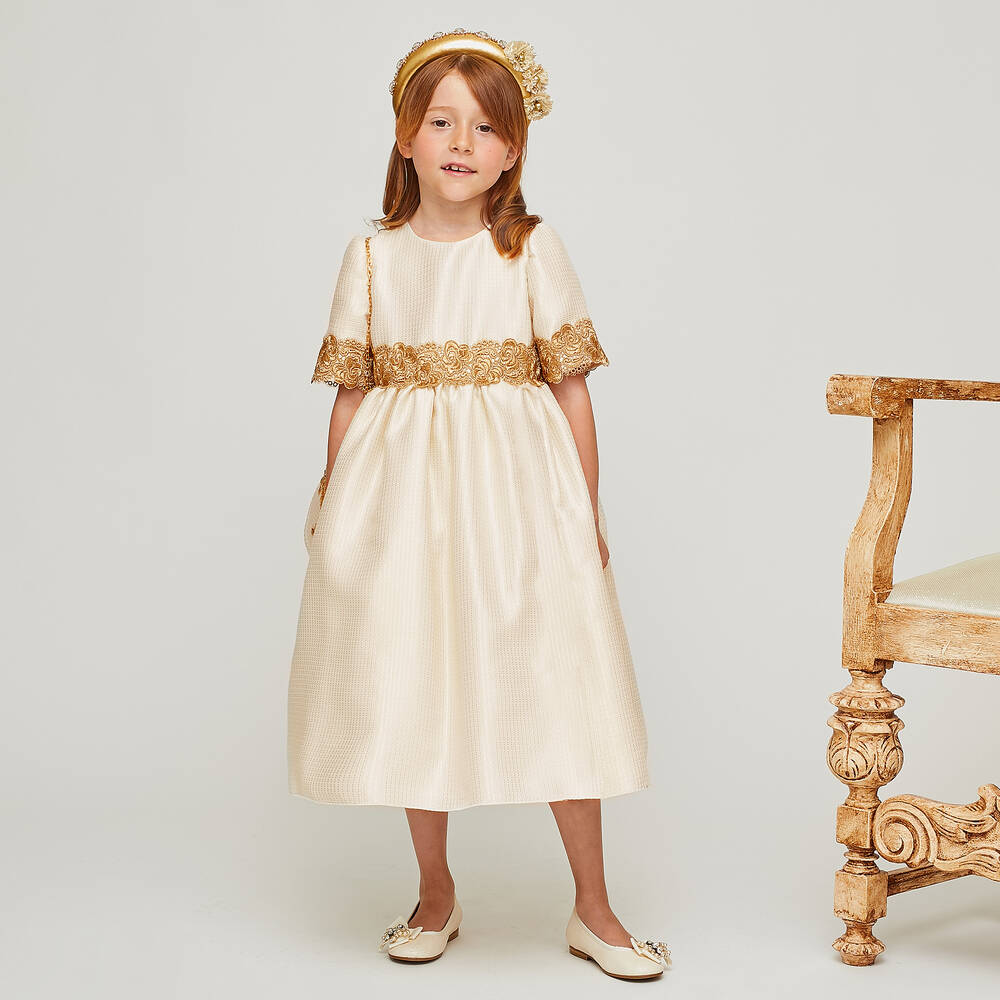 Graci-Кремовое платье с золотистым кружевом | Childrensalon Outlet