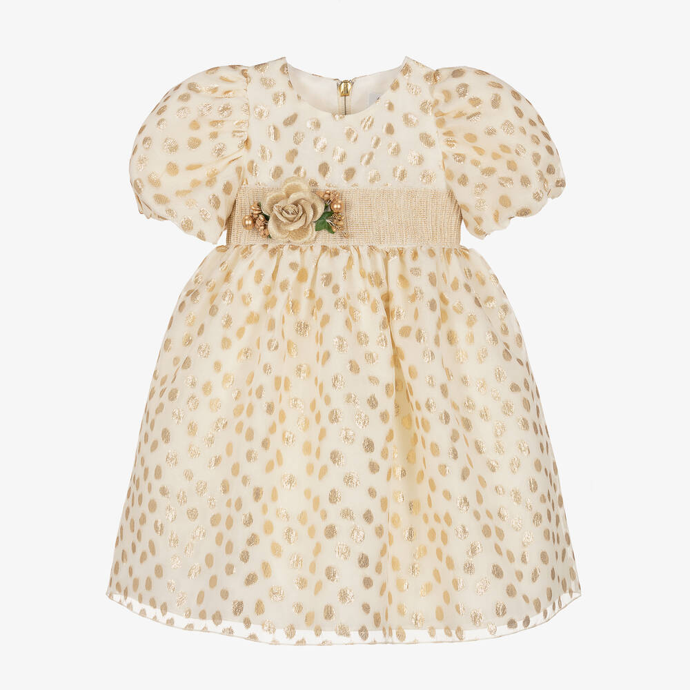 Graci - Girls Ivory & Gold Metallic Spot Dress | Childrensalon