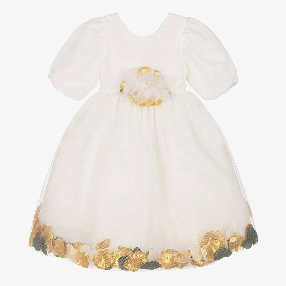 Graci - Girls Ivory & Gold Petal Dress | Childrensalon