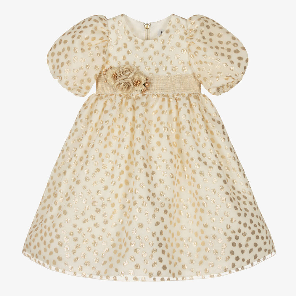 Graci - Girls Ivory & Gold Polka Dot Dress | Childrensalon