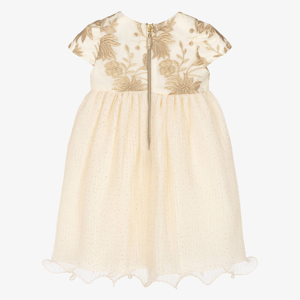 Graci-Girls Ivory & Gold Tulle Floral Dress | Childrensalon Outlet