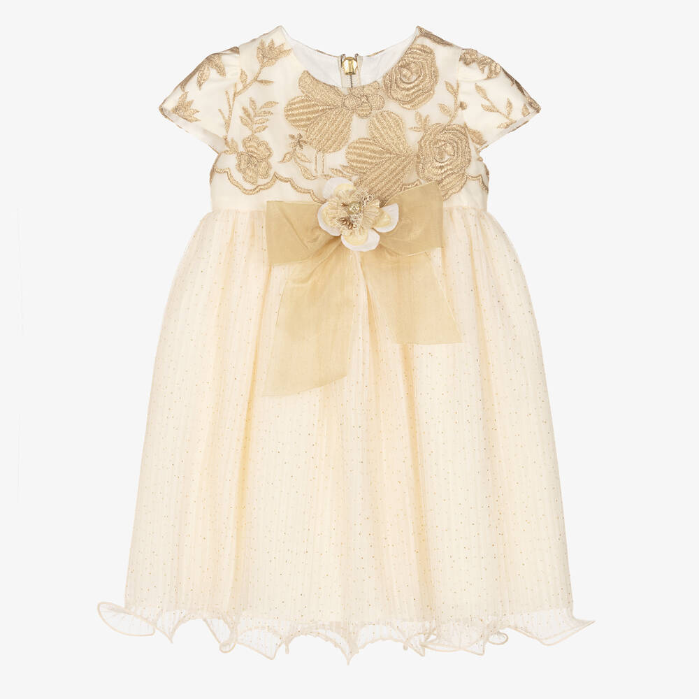 Graci - Girls Ivory & Gold Tulle Floral Dress | Childrensalon