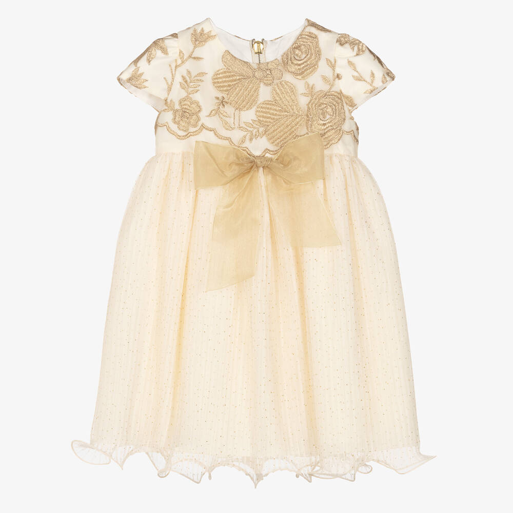Graci-Girls Ivory & Gold Tulle Floral Dress | Childrensalon Outlet