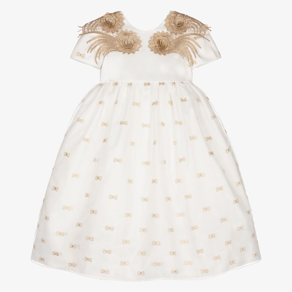 Graci - Girls Ivory Gold Wings Dress  | Childrensalon