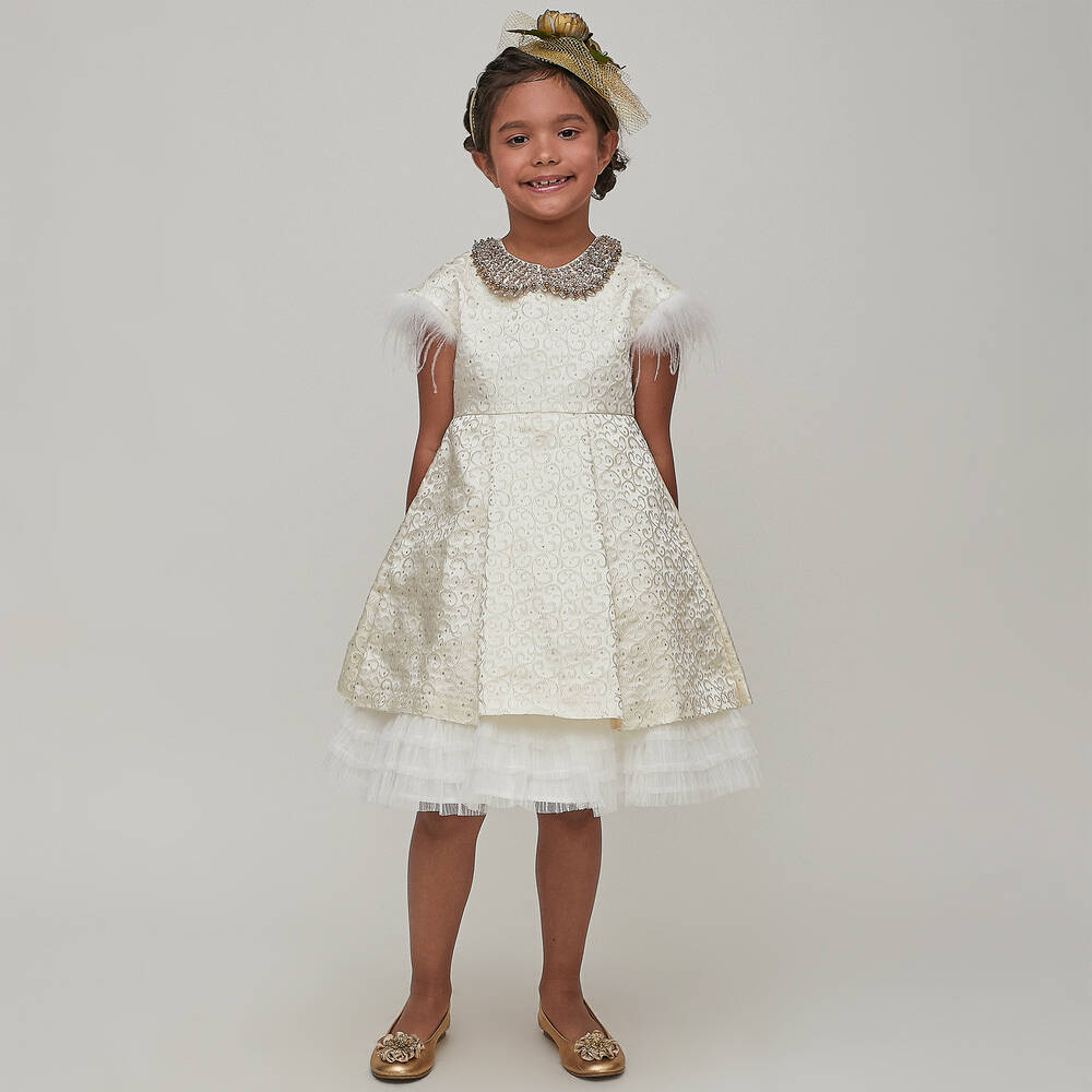 Graci-Кремовое жаккардовое платье с воротником | Childrensalon Outlet
