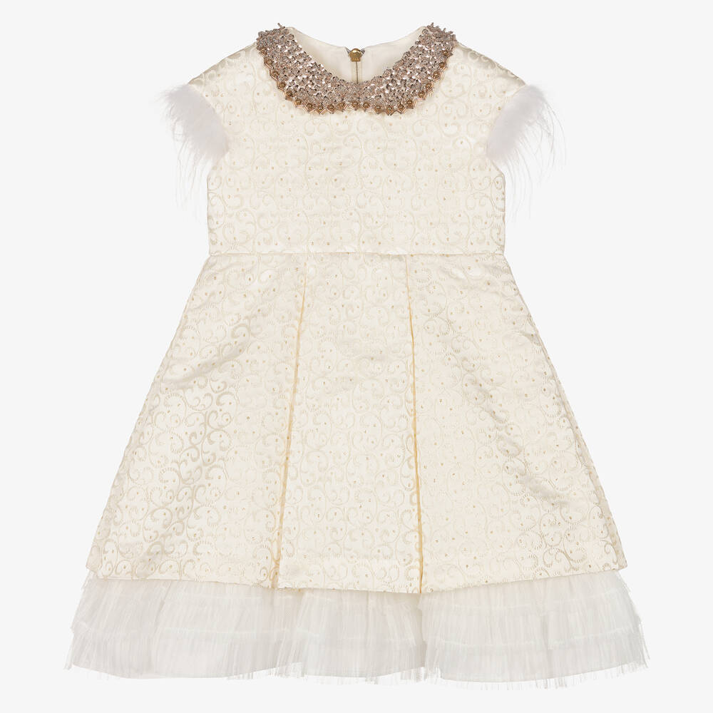 Graci - Girls Ivory Jacquard Collared Dress | Childrensalon