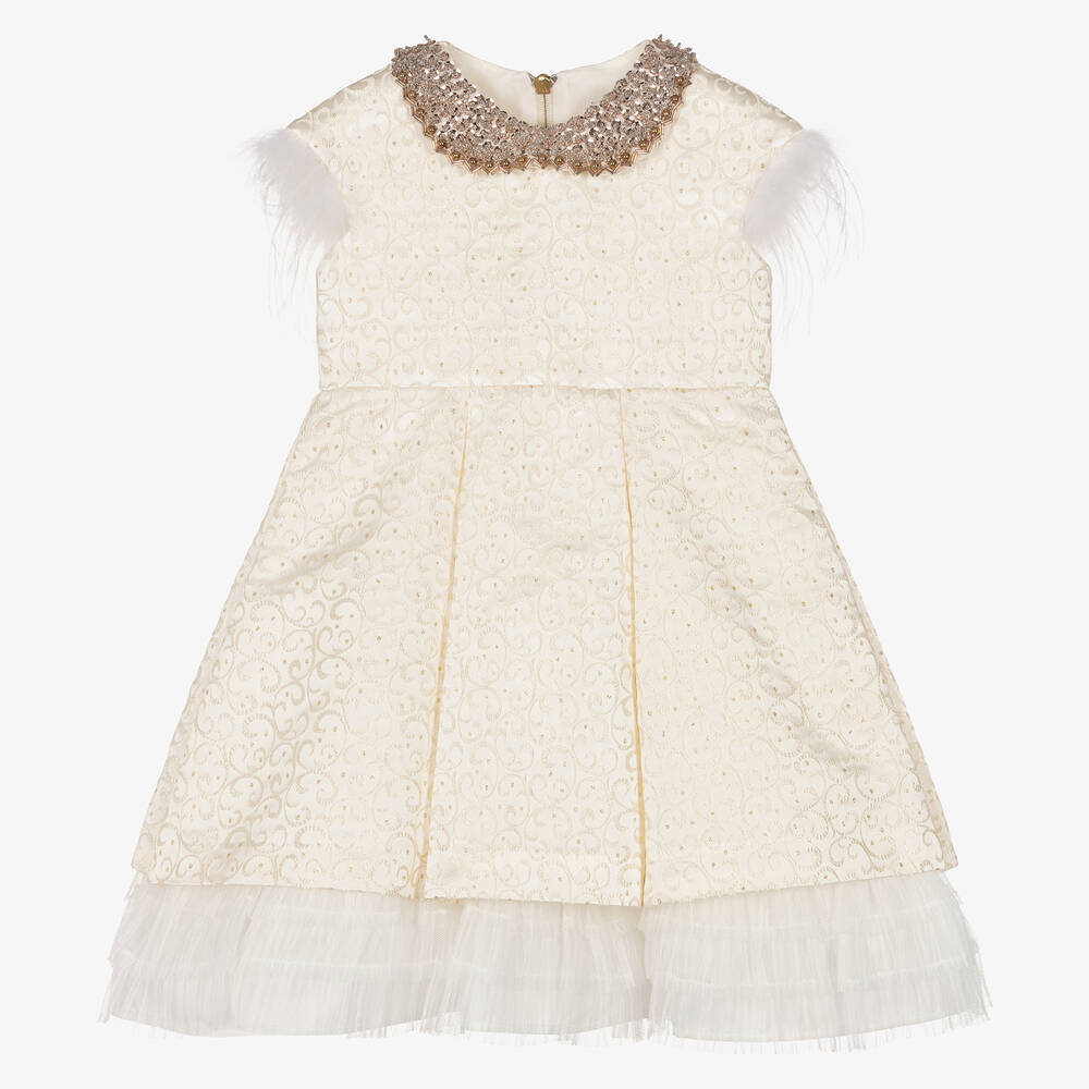 Graci-فستان بياقة مزيج فيسكوز وجاكارد لون عاجي | Childrensalon Outlet