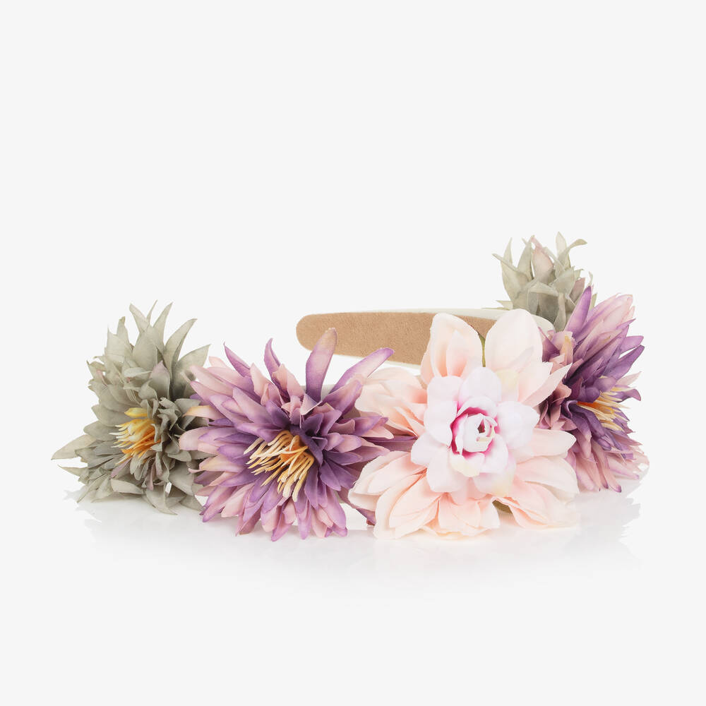 غراتسي-طوق للشعر ساتان لون عاجي وزهري مطرز بورود | Childrensalon Outlet